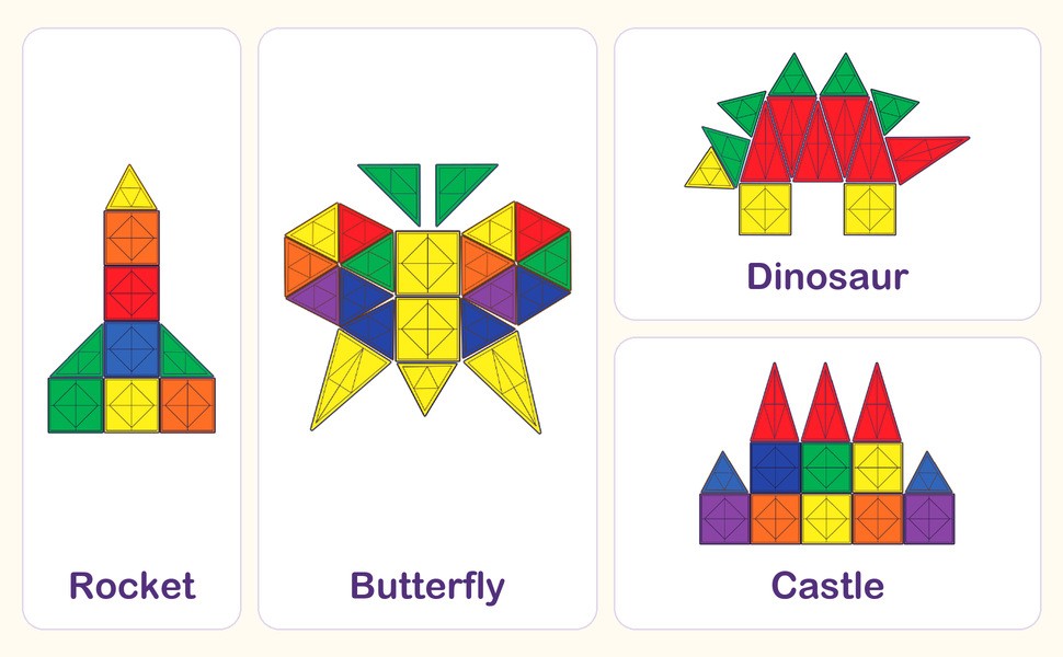 Four tile designs from the idea book: a rocket, a butterfly, a dinosaur and a castle