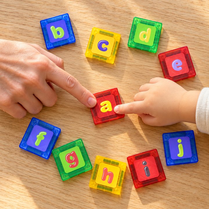 A parent and child pointing at the letter a among lowercase letter tiles on a table