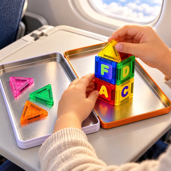 A child building with the tiles on an airplane tray table