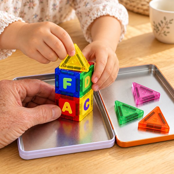 A grandparent and child building with the tiles together