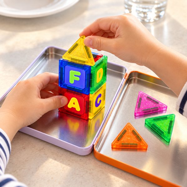 A child playing with the tiles at a restaurant table