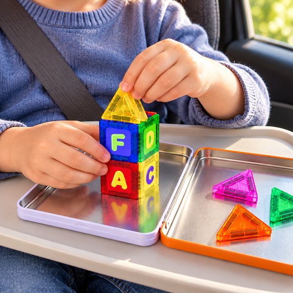 A child in a car seat building a tile tower on the open tin