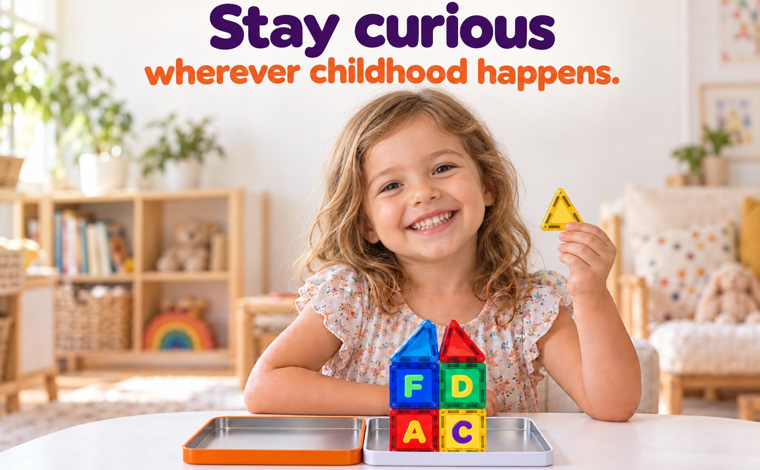 Stay curious wherever childhood happens. A smiling girl sits at a table with a small tower of magnetic letter tiles built on the open travel tin.