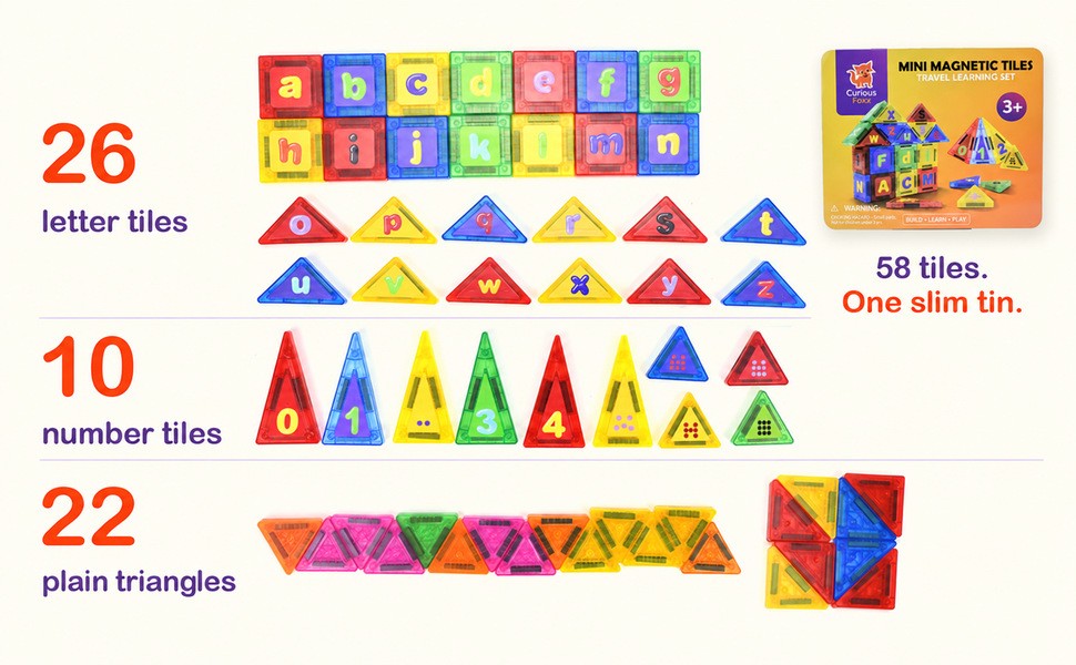 The full set laid out: 26 letter tiles, 10 number tiles and 22 plain triangles beside the travel tin. 58 tiles, one slim tin.