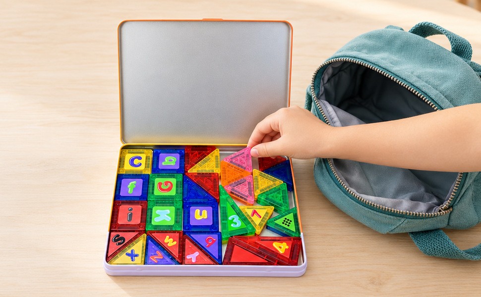 A child's hand placing the last tile into the packed tin next to an open backpack
