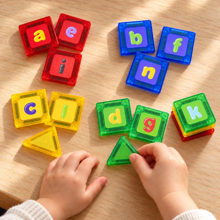 A child's hands sorting letter tiles into groups by color