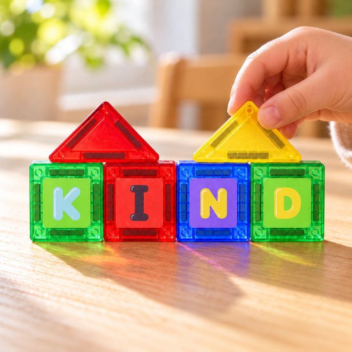 Letter tiles standing in a row to spell the word KIND