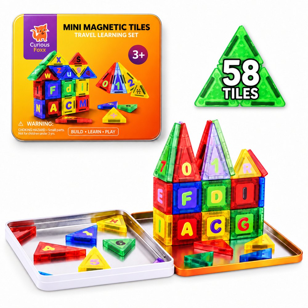 Curious Foxx Mini Magnetic Tiles tin with a tile castle built on the open lid
