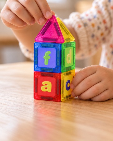 A child stacking letter tiles into a small tower